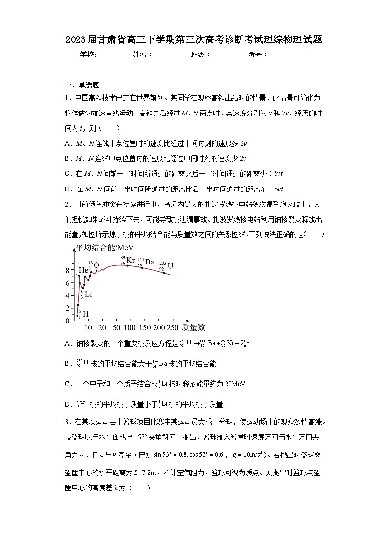 2023届甘肃省高三下学期第三次高考诊断考试理综物理试题（含解析）01