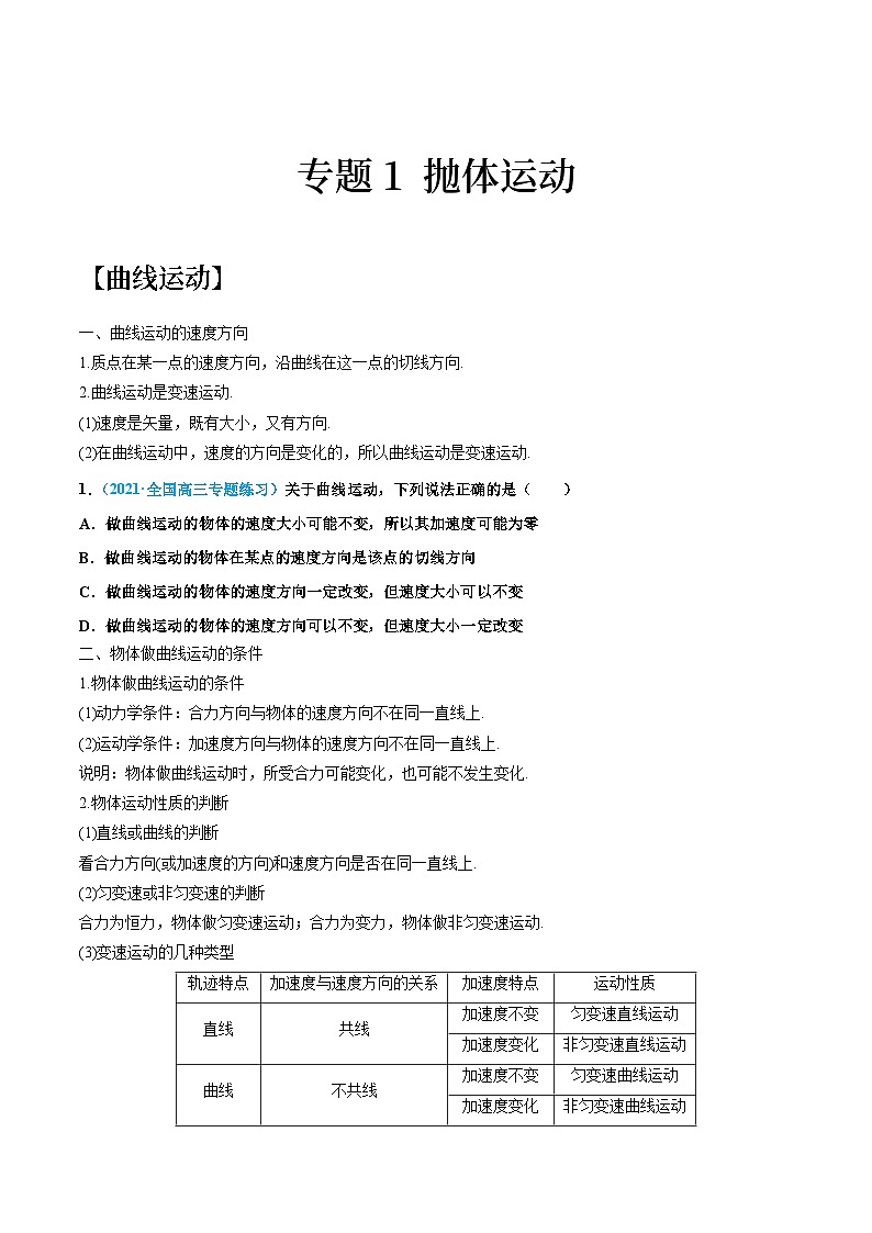 专题1 抛体运动（知识点清单）——高一物理期末章末知识点清单与章节练习（人教版2019必修第二册）（原卷版）第1页