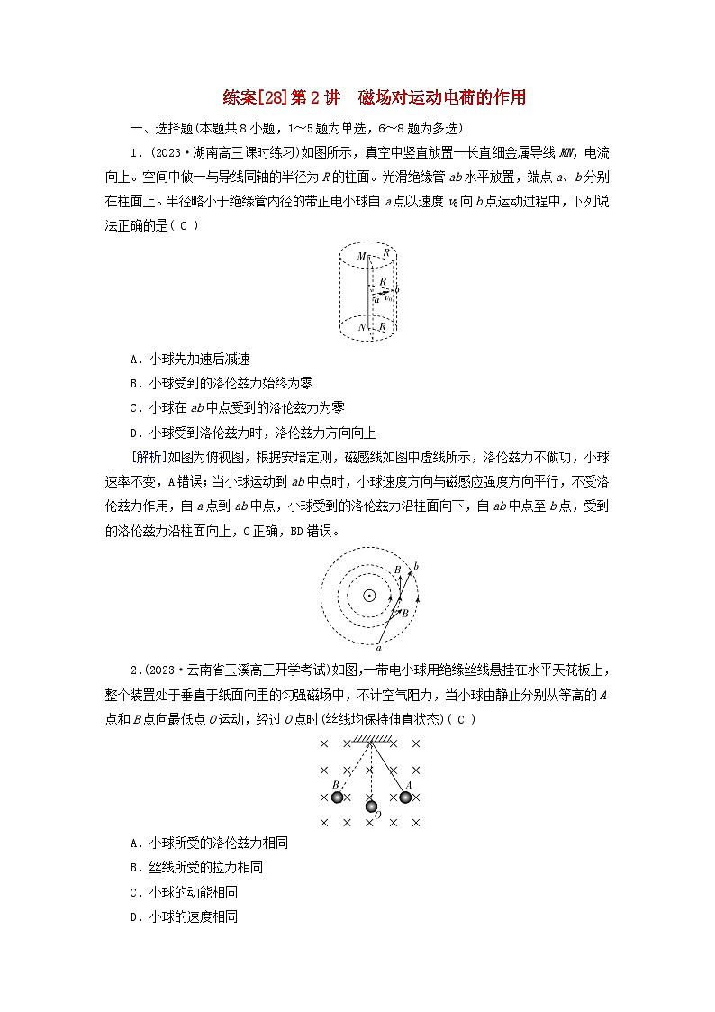新教材适用2024版高考物理一轮总复习练案28第十章磁场第2讲磁吃运动电荷的作用01
