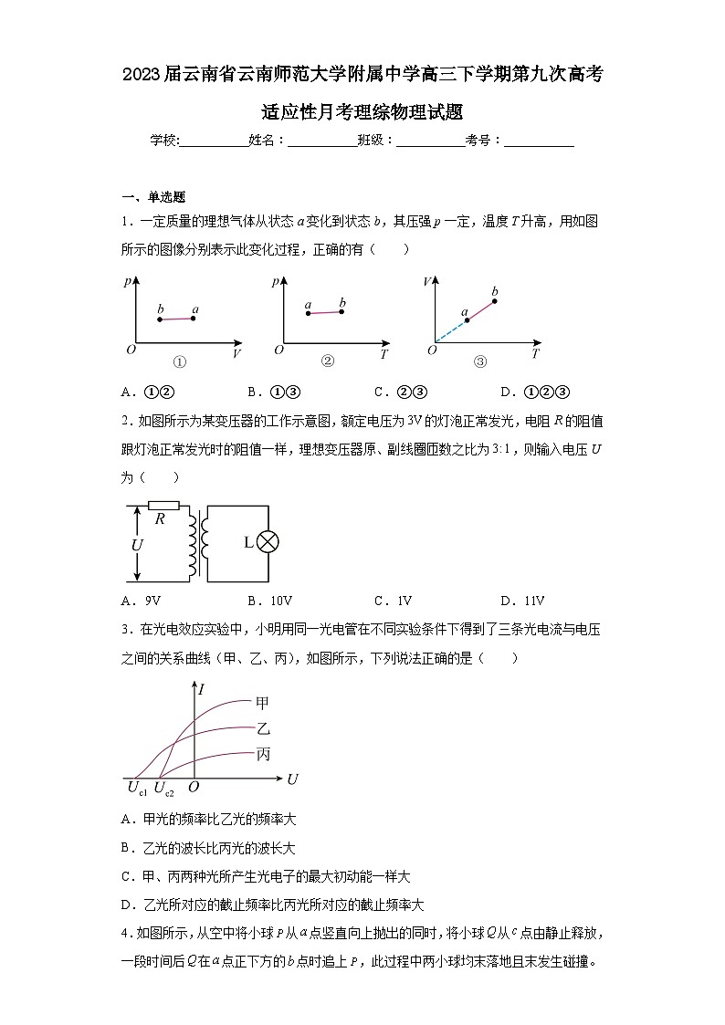 2023届云南省云南师范大学附属中学高三下学期第九次高考适应性月考理综物理试题（含解析）01