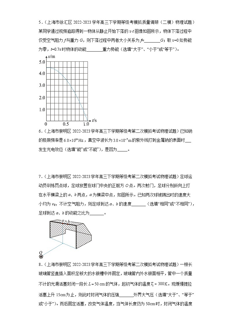 上海市各地区2023年高考物理模拟（二模）题按题型分类汇编-02填空题202
