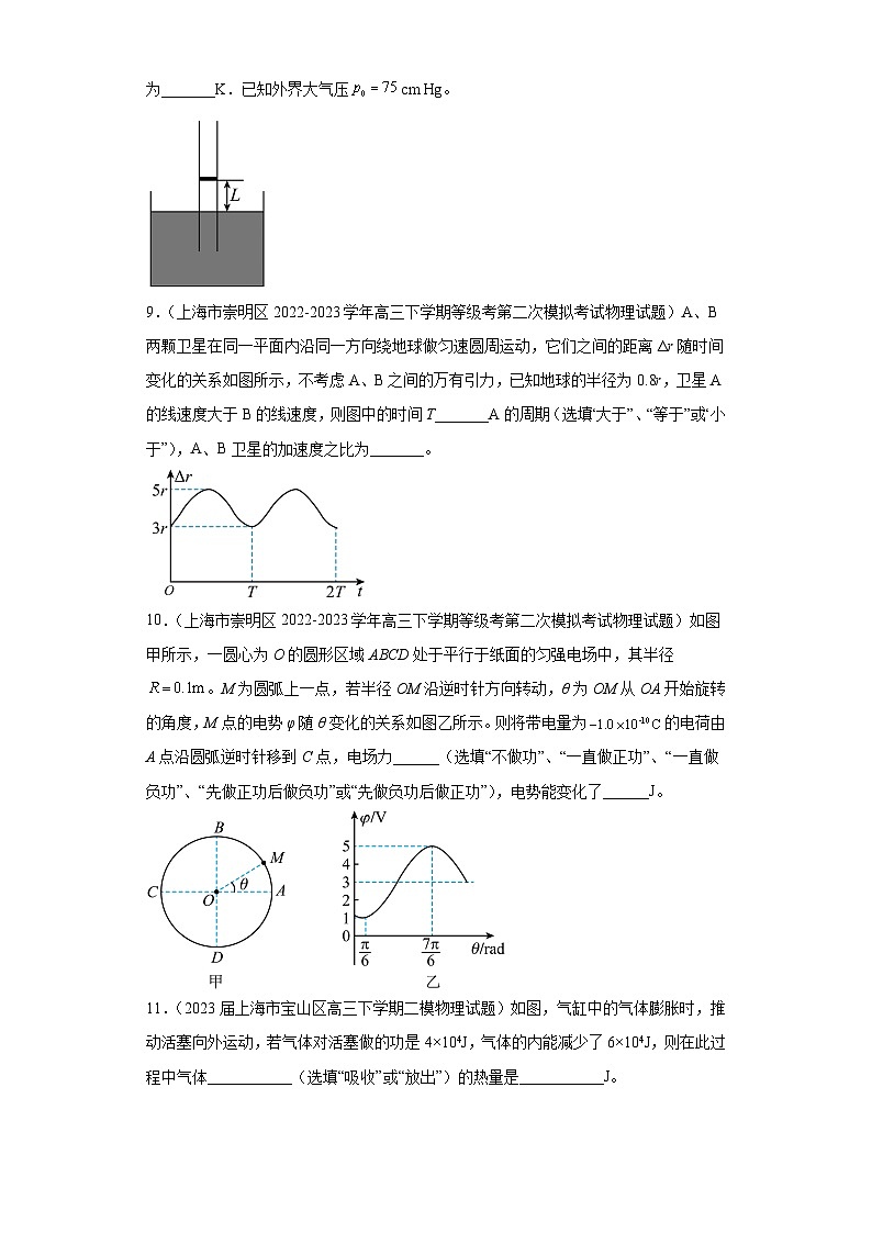 上海市各地区2023年高考物理模拟（二模）题按题型分类汇编-02填空题203