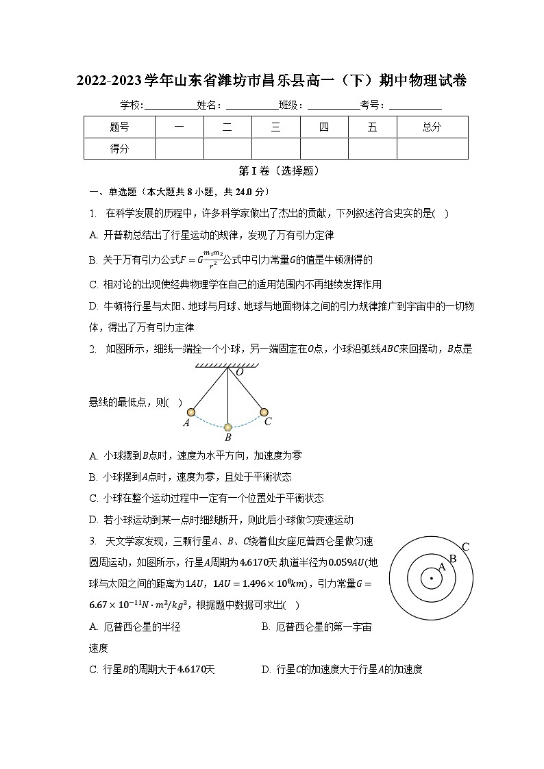 2022-2023学年山东省潍坊市昌乐县高一（下）期中物理试卷（含解析）01