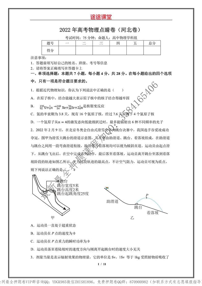 _2022年高考物理点睛卷（河北卷）学生版_第1页