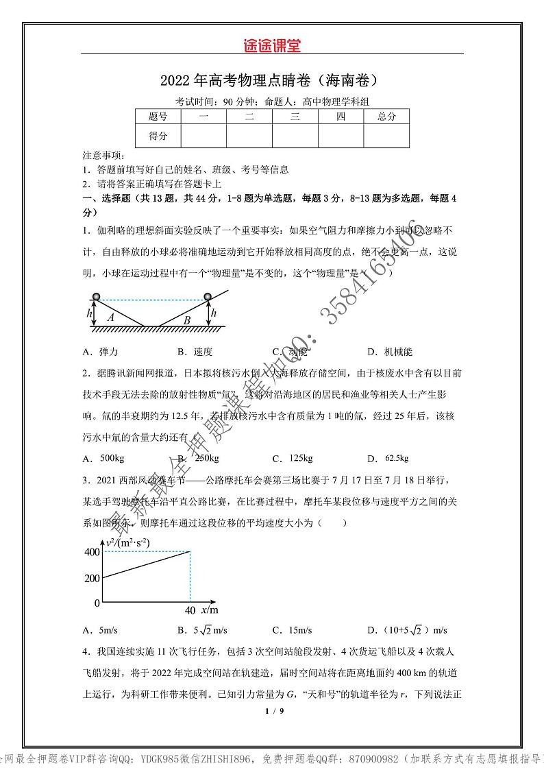 _2022年高考物理点睛卷（海南卷）学生版_01