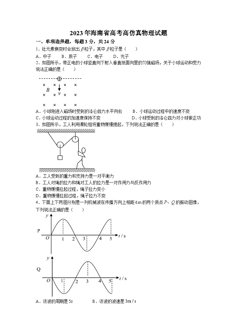 2023年海南省高考模拟真题——物理 Word版第1页