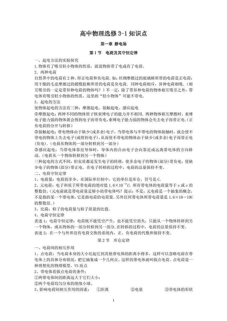 高中物理选修3-1知识点清单第1页