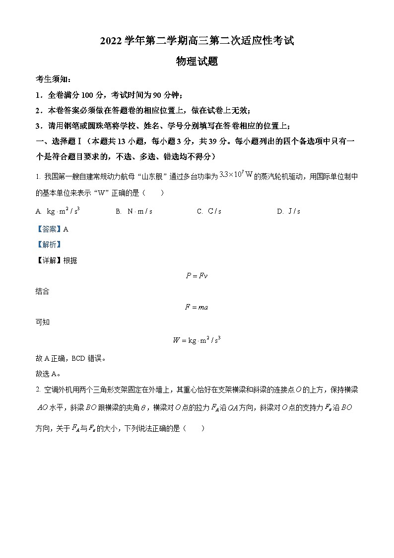 2023届浙江省绍兴市上虞区高三下学期第二次适应性考试（二模）物理试题  （解析版）第1页