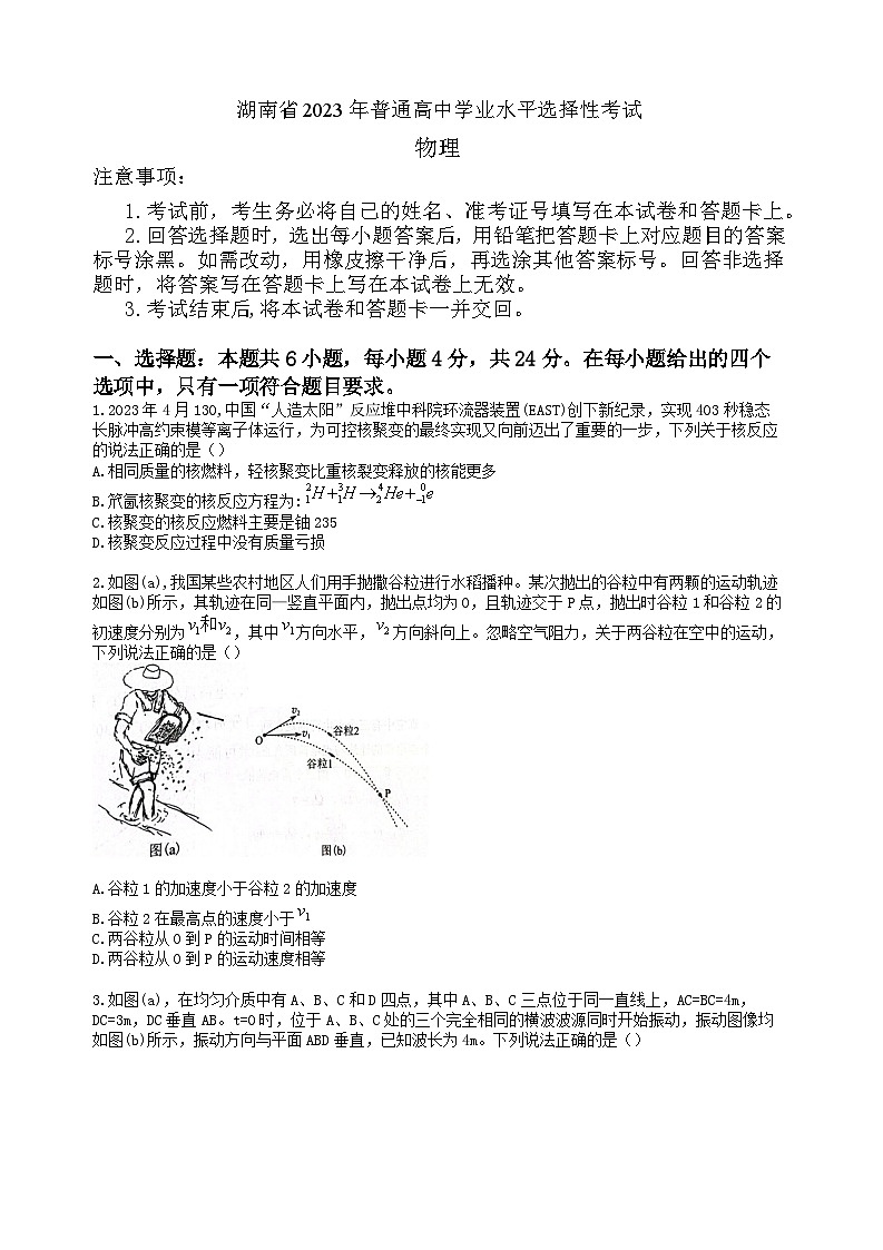 2023年高考真题（湖南卷） 物理试卷+解析01