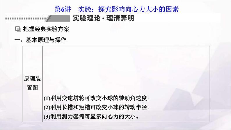 2024届高考物理一轮复习第四章曲线运动万有引力与航天第6讲实验：探究影响向心力大小的因素课件01