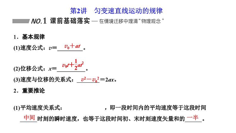 2024届高考物理一轮复习第一章运动的描述匀变速直线运动第2讲匀变速直线运动的规律课件第1页