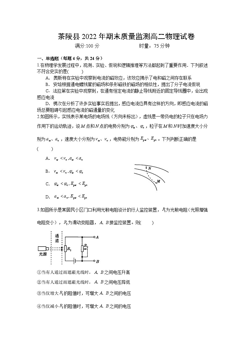 2021-2022学年湖南省株洲市茶陵县高二下学期期末质量监测物理试题含答案第1页