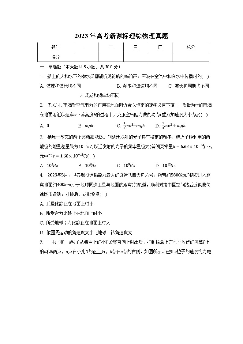 2023年高考新课标理综物理真题-学生用卷第1页