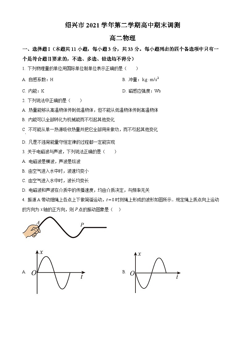 2022绍兴高二下学期期末物理试题含解析01