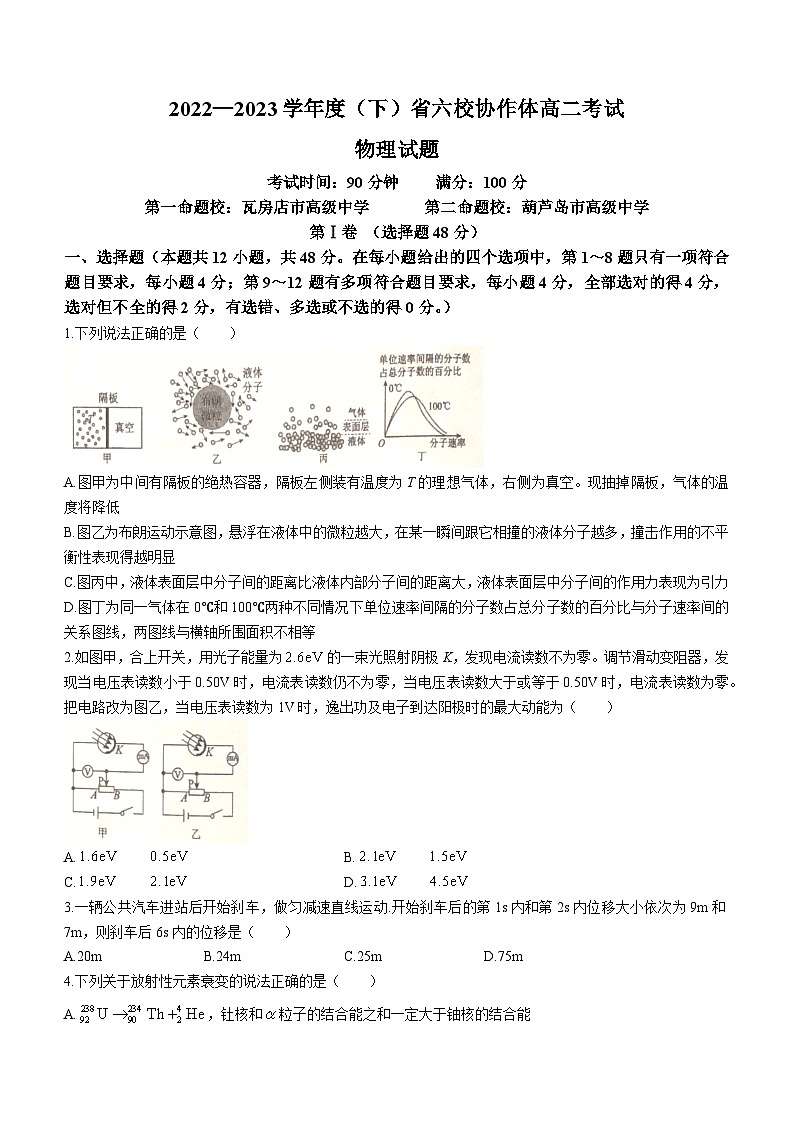 辽宁省六校协作体2022-2023学年高二下学期6月月考物理试题(无答案)第1页