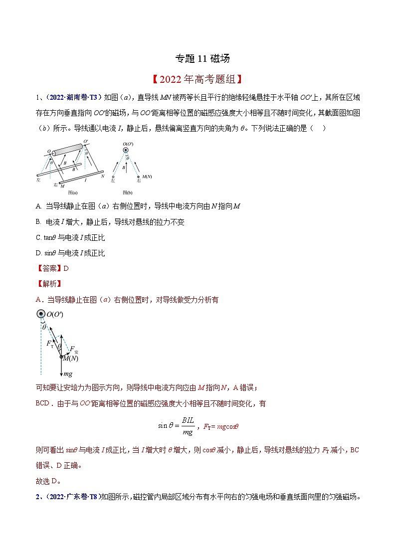 2020-2022年高考物理真题分专题训练 专题11 磁场（教师版含解析）第1页