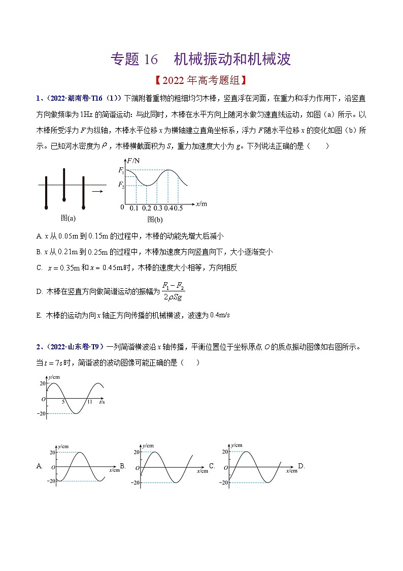 2020-2022年高考物理真题分专题训练 专题16 机械振动和机械波（学生版）第1页
