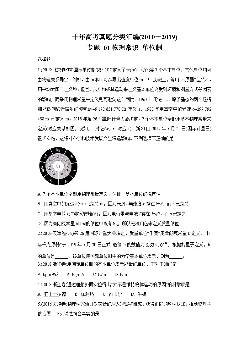 2010-2019年高考物理真题分专题训练 专题01 物理常识 单位制 （学生版）01