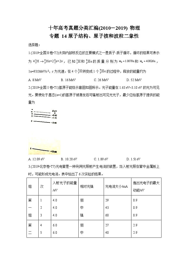 2010-2019年高考物理真题分专题训练 专题14 原子结构、原子核和波粒二象性 （学生版）01