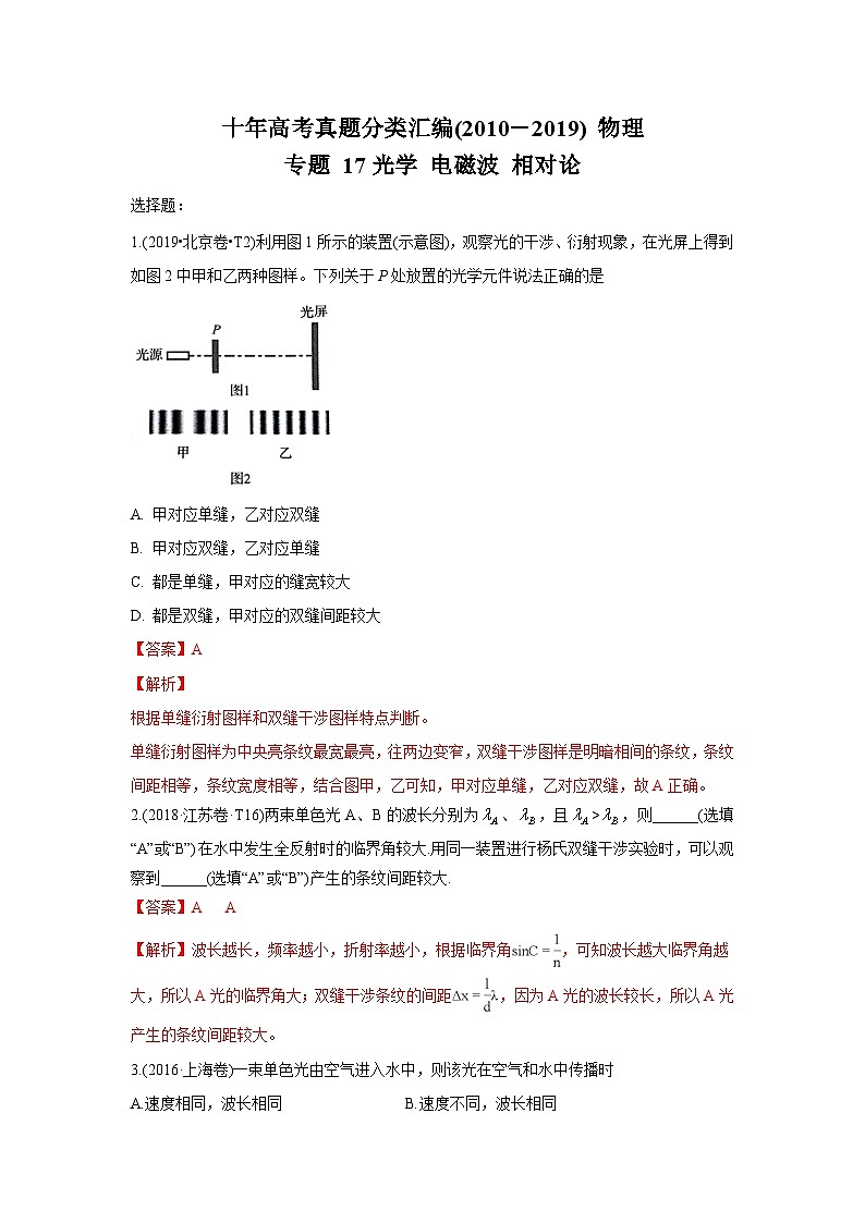 2010-2019年高考物理真题分专题训练 专题17 光学 电磁波 相对论（教师版含解析）01