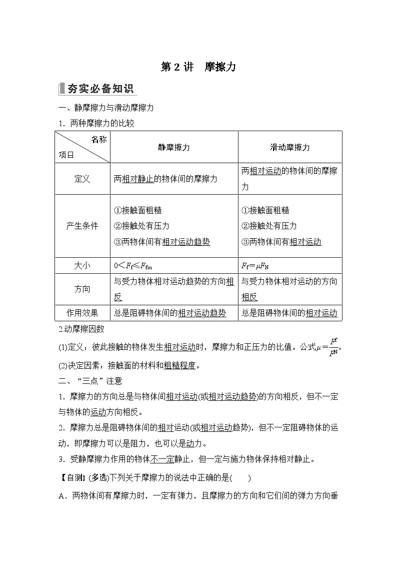 2024高考物理大一轮复习题库 第2讲 摩擦力第1页
