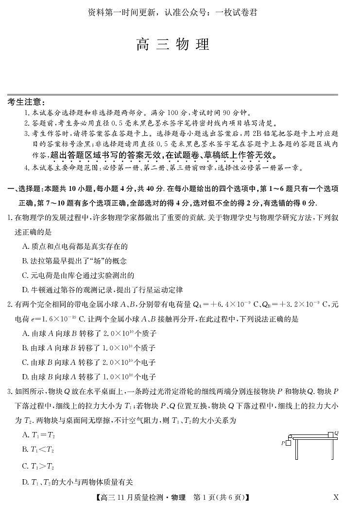 安徽省池州市、铜陵市等5地2022-2023学年高三11月质量检测物理试题【公众号：一枚试卷君】第1页