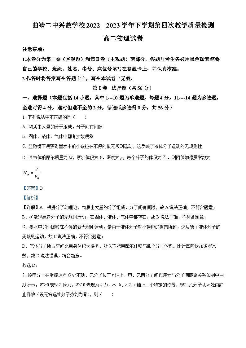 精品解析：云南省曲靖市麒麟区协作体2022-2023学年高二下学期6月月考物理试题（解析版）第1页