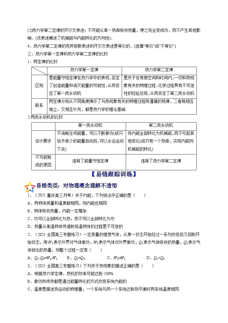 易错点32 热力学定律和能量守恒-备战2022年高考物理典型易错题辨析与精练（原卷版）02