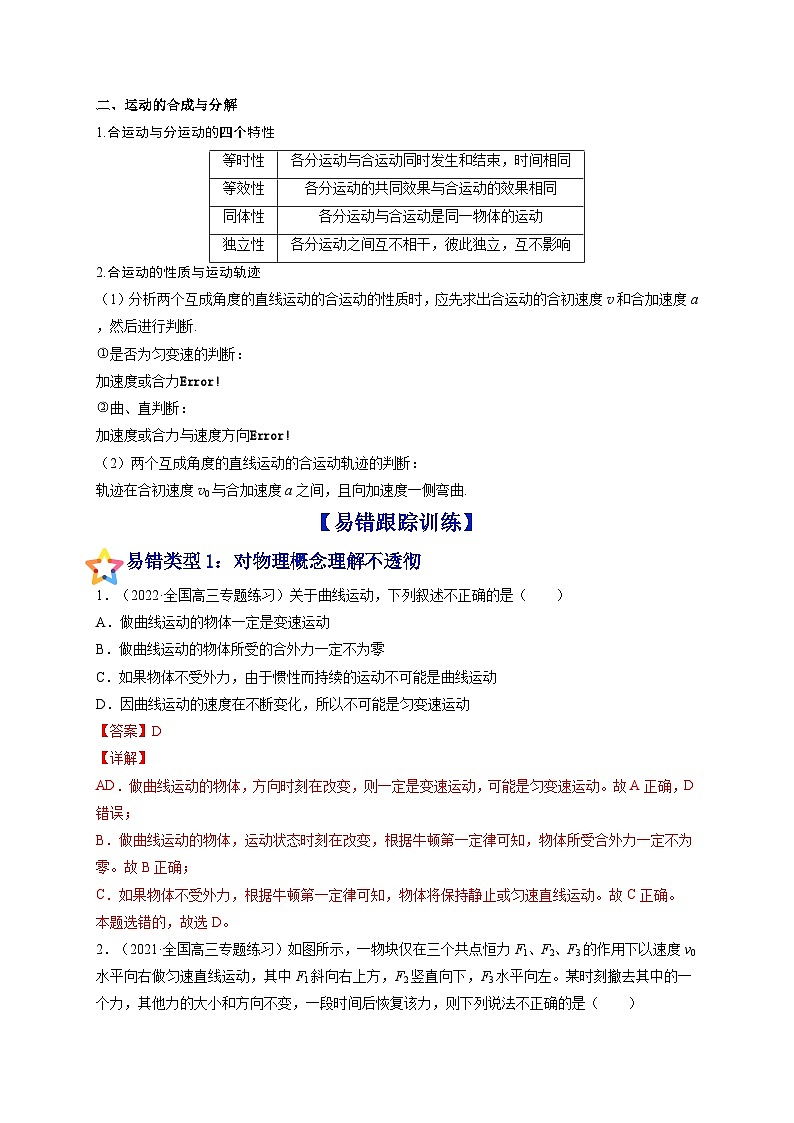 易错点07 曲线运动 运动的合成与分解-备战2022年高考物理典型易错题辨析与精练（解析版）第2页