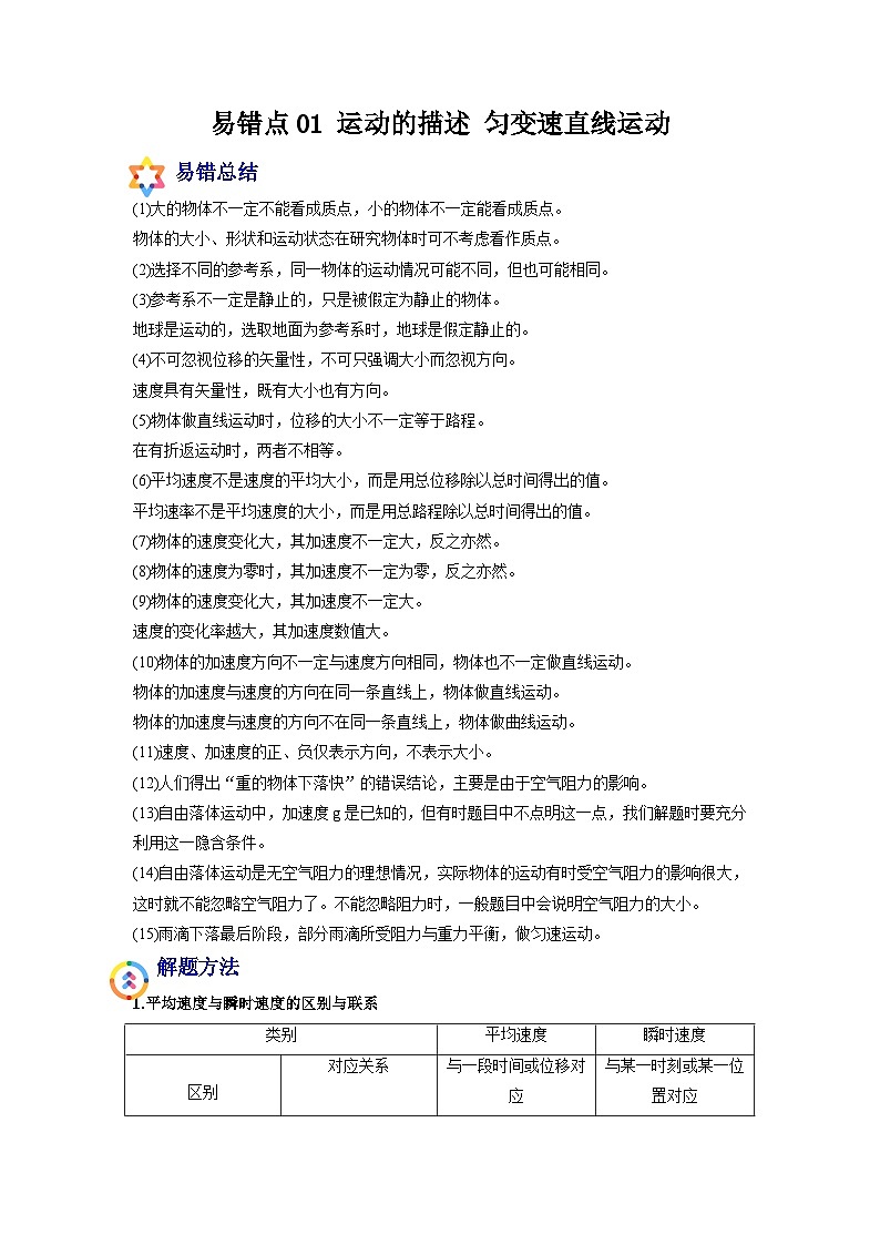 易错点01 运动的描述 匀变速直线运动-备战2022年高考物理典型易错题辨析与精练（原卷版）第1页