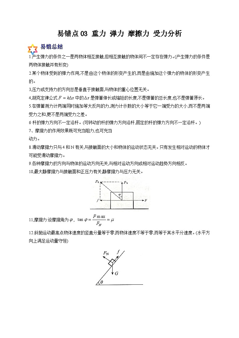 易错点03 重力 弹力 摩擦力 受力分析-备战2022年高考物理典型易错题辨析与精练（解析版）01