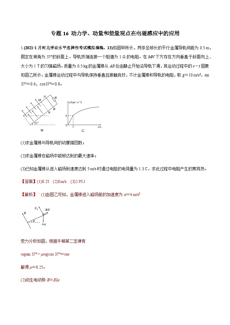 2023高考物理一轮复习高频考点强化训练专题16 动力学、动量和能量观点在电磁感应中的应用（解析版）01