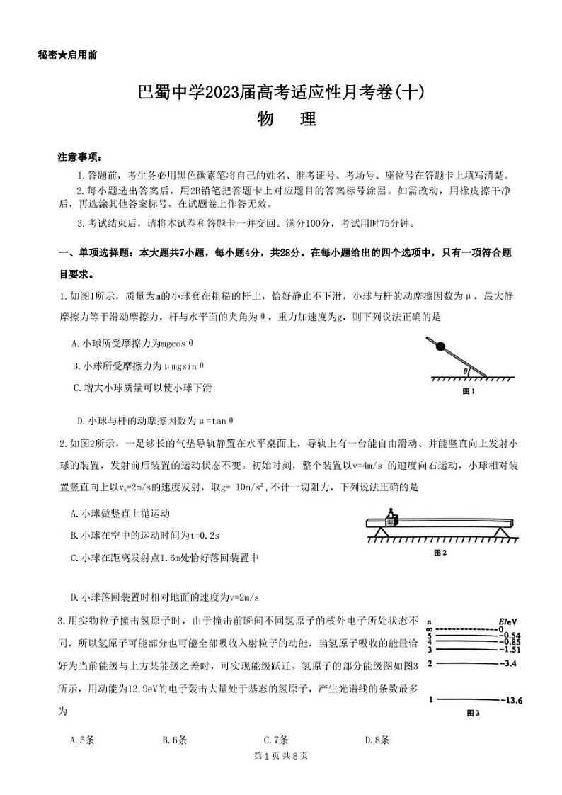 重庆巴蜀中学2023届高考适应性月考卷（十）物理试卷01