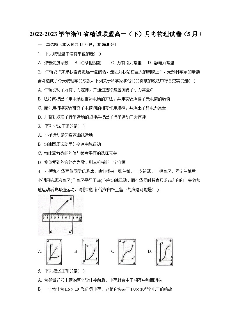 2022-2023学年浙江省精诚联盟高一（下）月考物理试卷（5月）（含解析）01