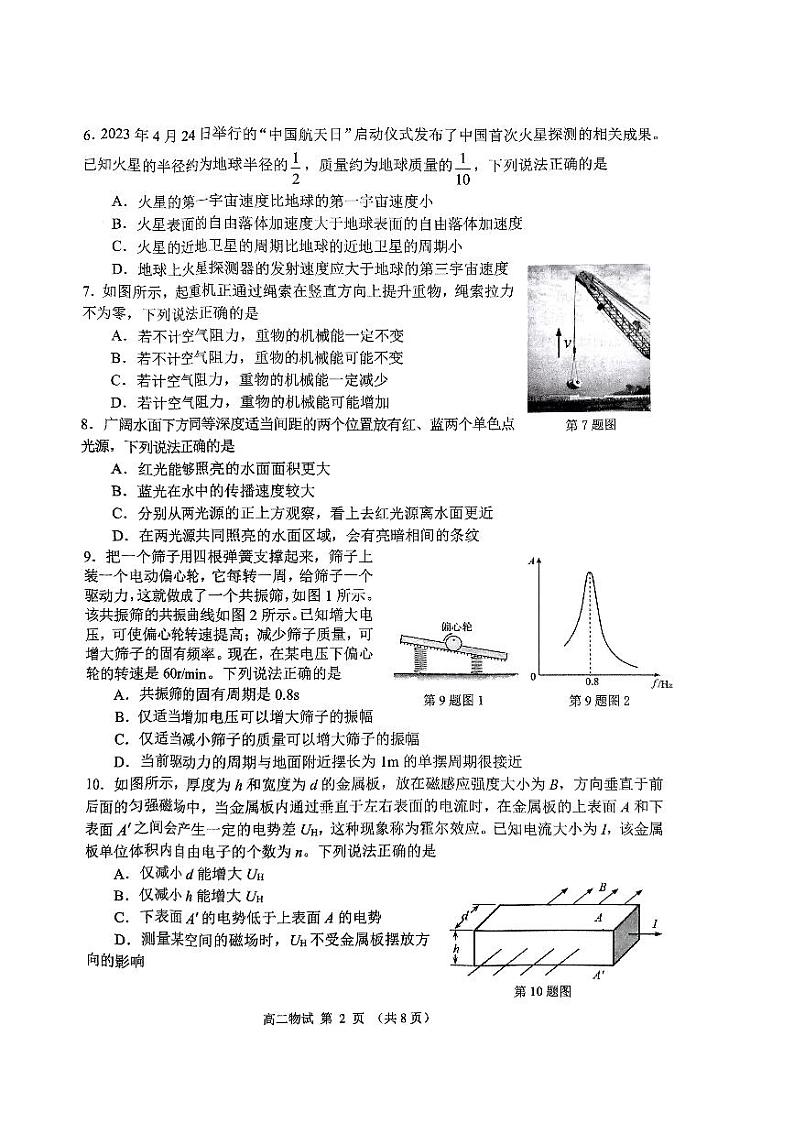浙江省杭州市2022-2023高二下学期期末物理试卷+答案02