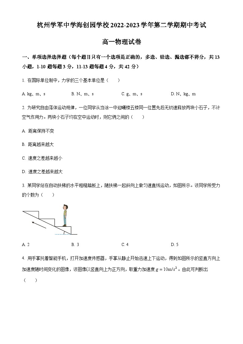 浙江省杭州学军中学海创园学校2022-2023学年高一下学期期中物理试题01