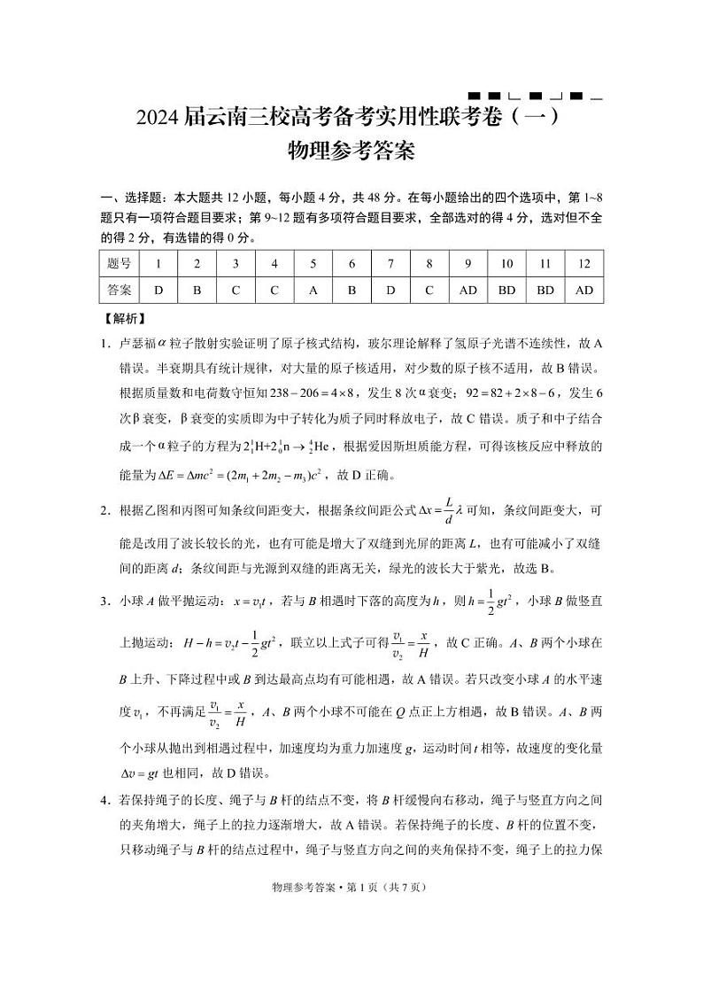 2024届云南三校高考备考实用性联考卷（一）物理答案第1页