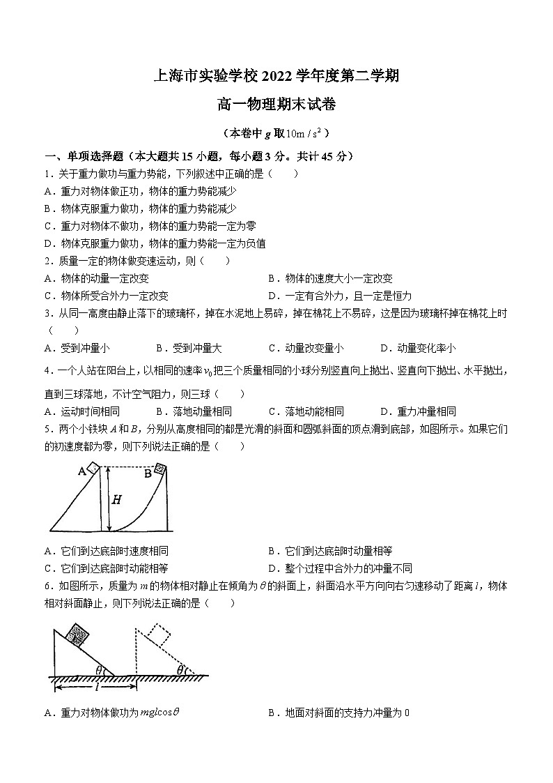 上海市实验学校2022-2023学年高一下学期期末物理试题(无答案)01