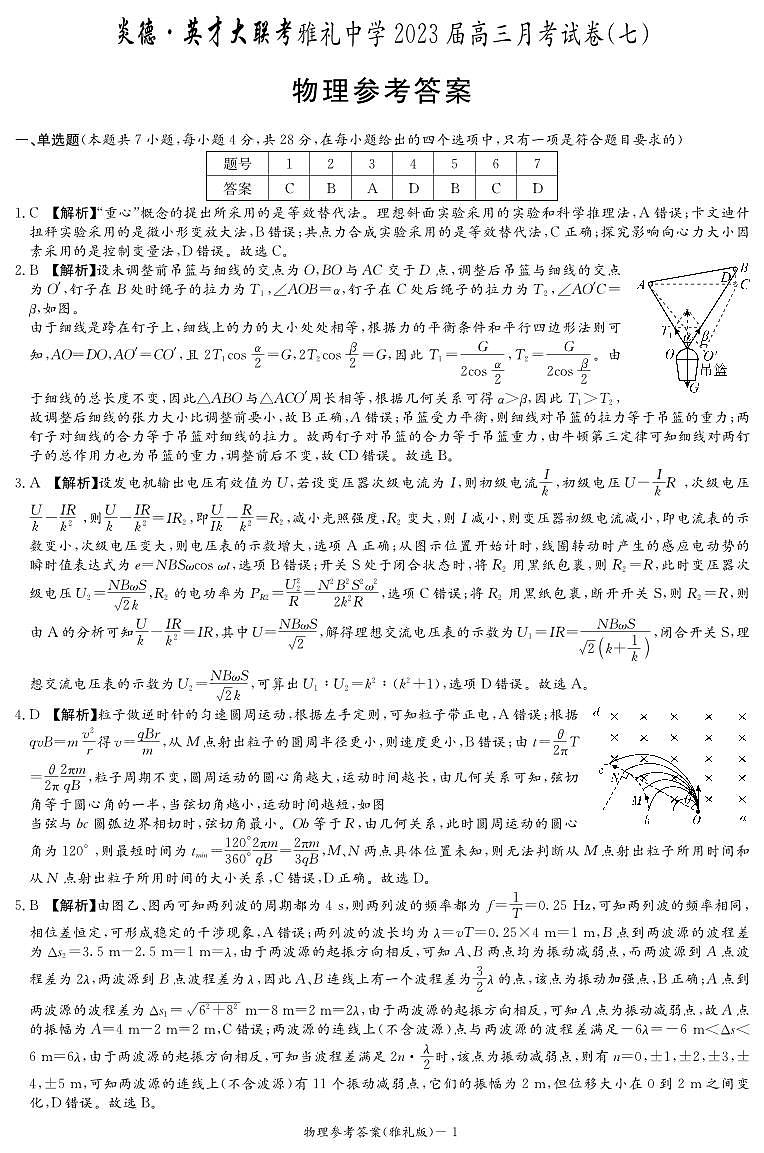 湖南省雅礼中学2023届高三适月考卷（七）物理试卷及参考答案01