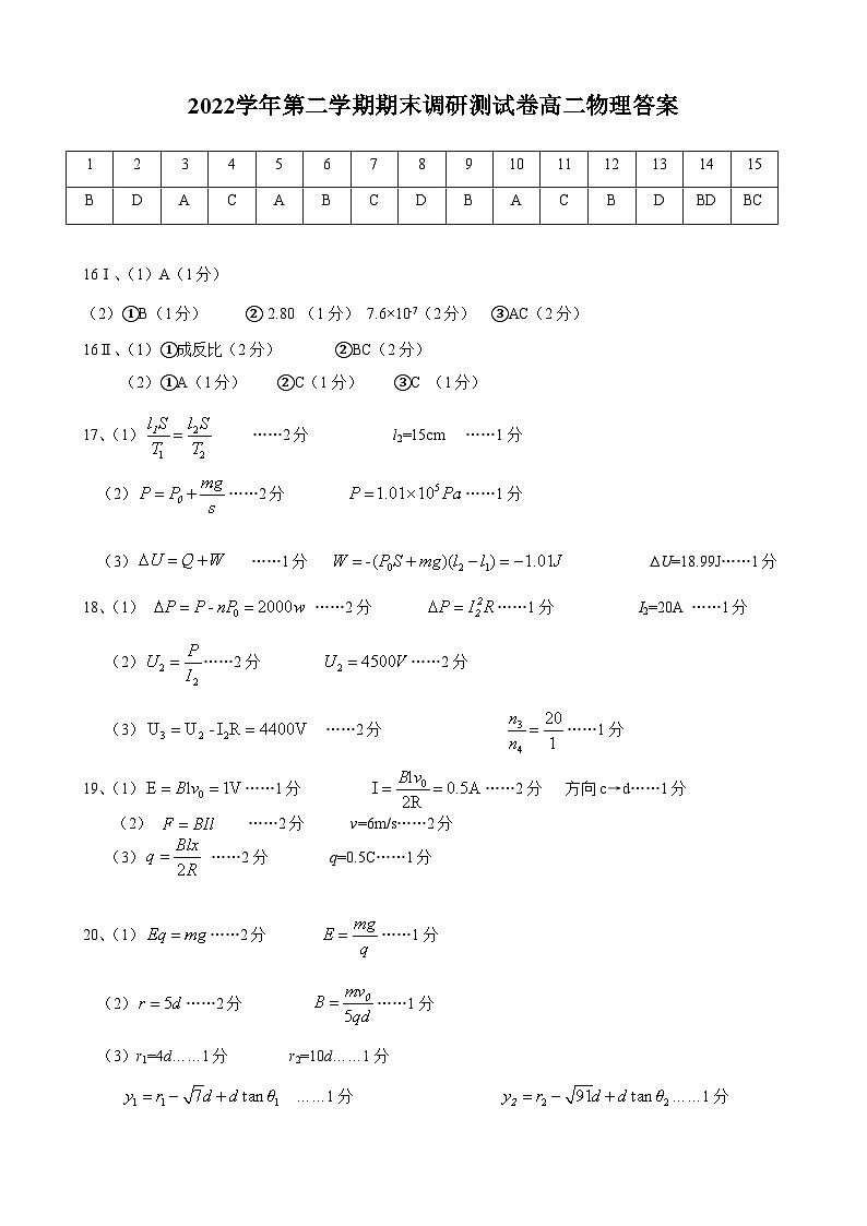 2023湖州高二下学期期末考试物理试题扫描版含答案01