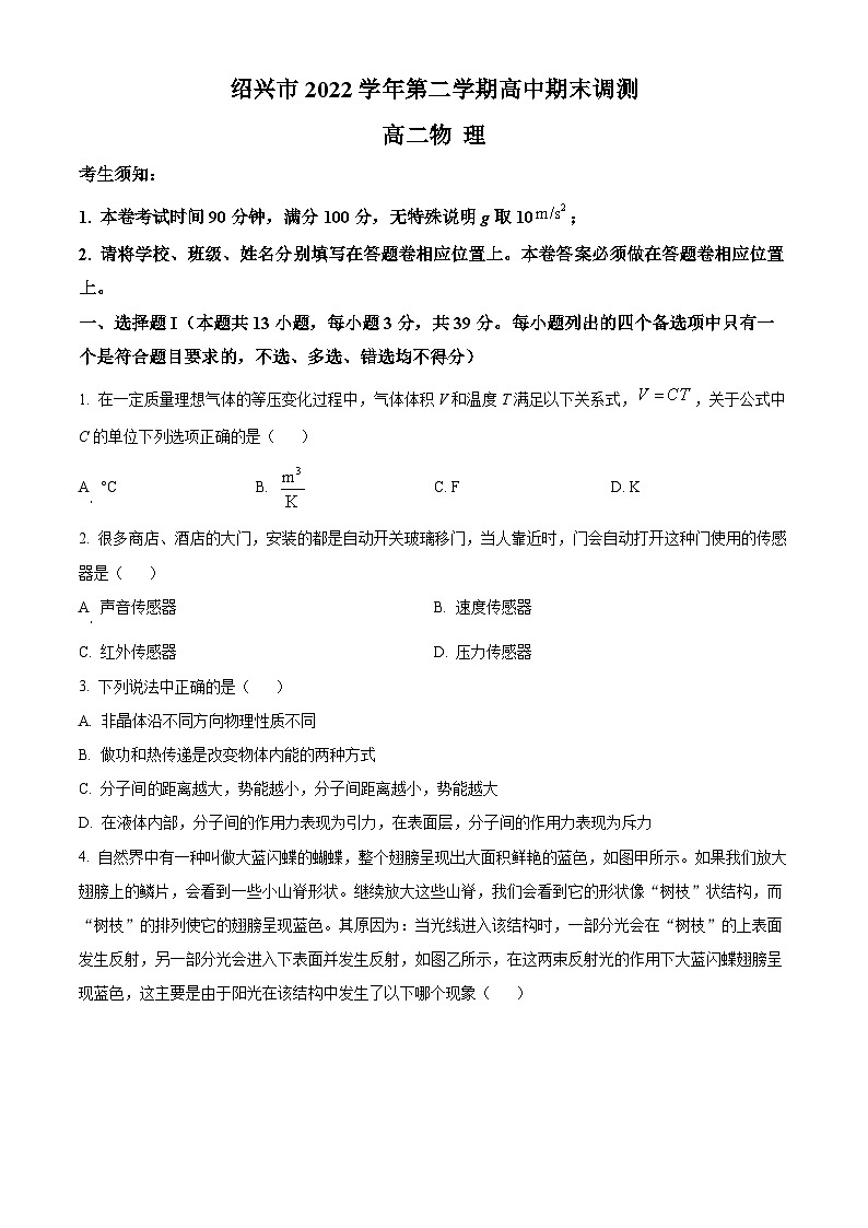 2023绍兴高二下学期期末物理试题含解析01