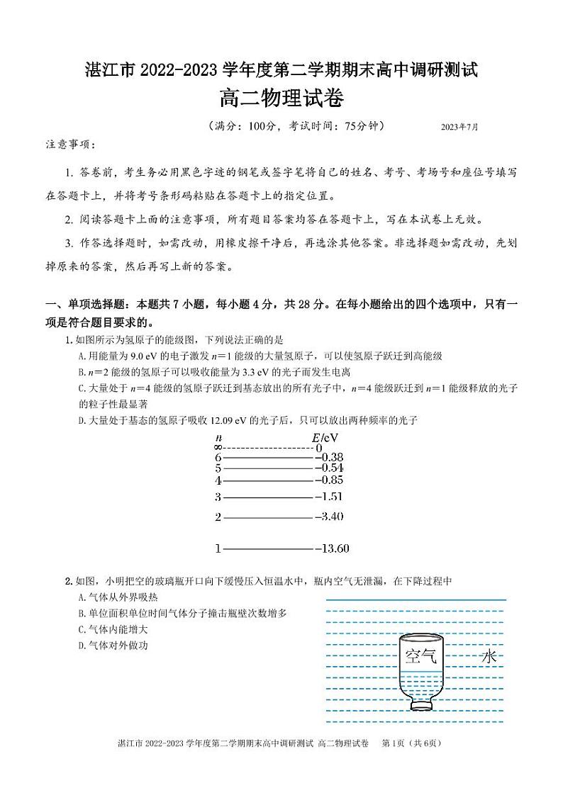 广东湛江市2022-2023学年高二下学期期末考试物理试题01