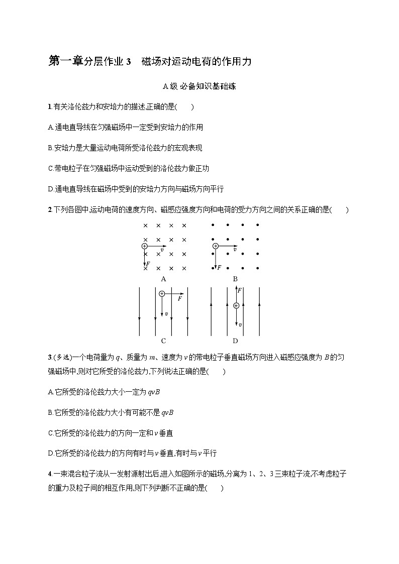 人教版高中物理选择性必修第二册第1章安培力与洛伦兹力分层作业3磁场对运动电荷的作用力习题含答案01