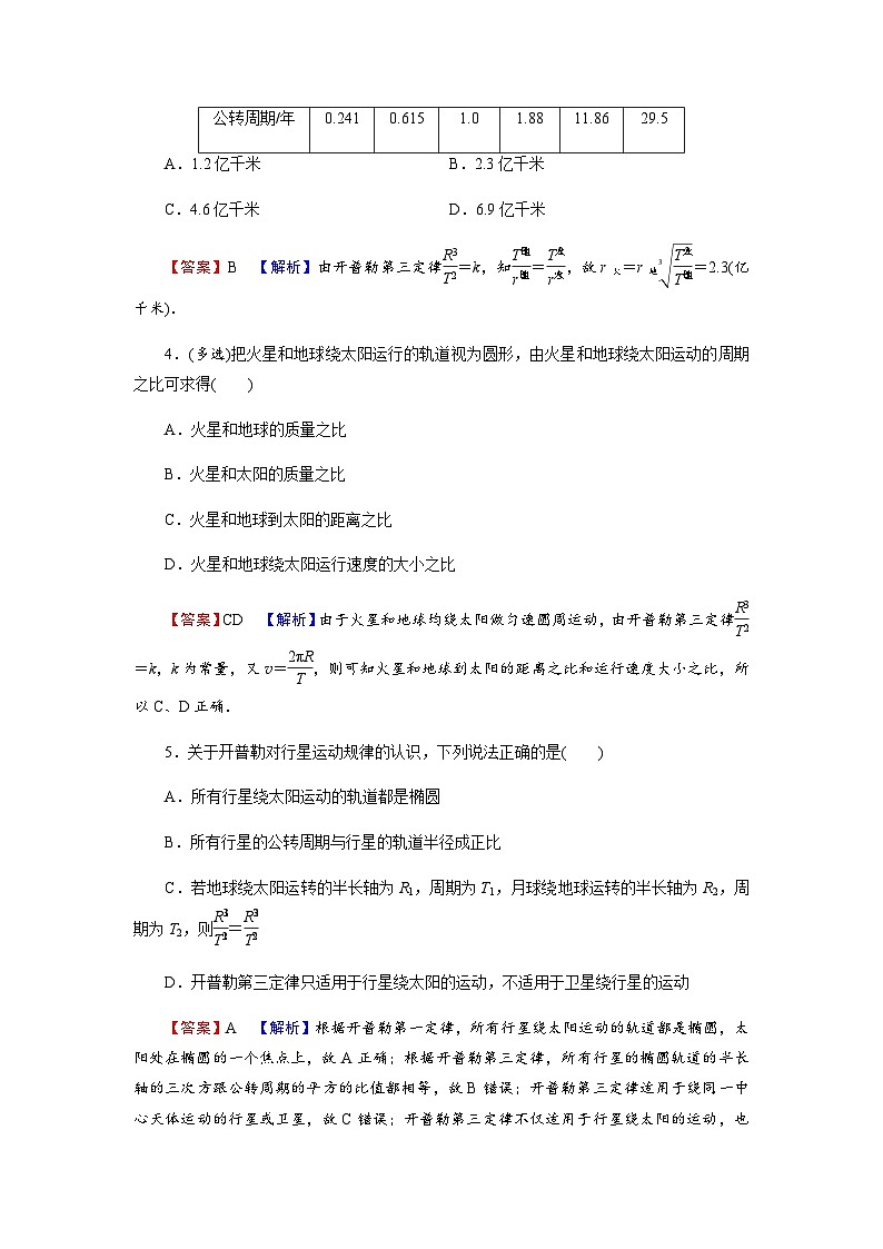 人教版高中物理必修第二册第7章万有引力与宇宙航行1行星的运动习题含答案第2页