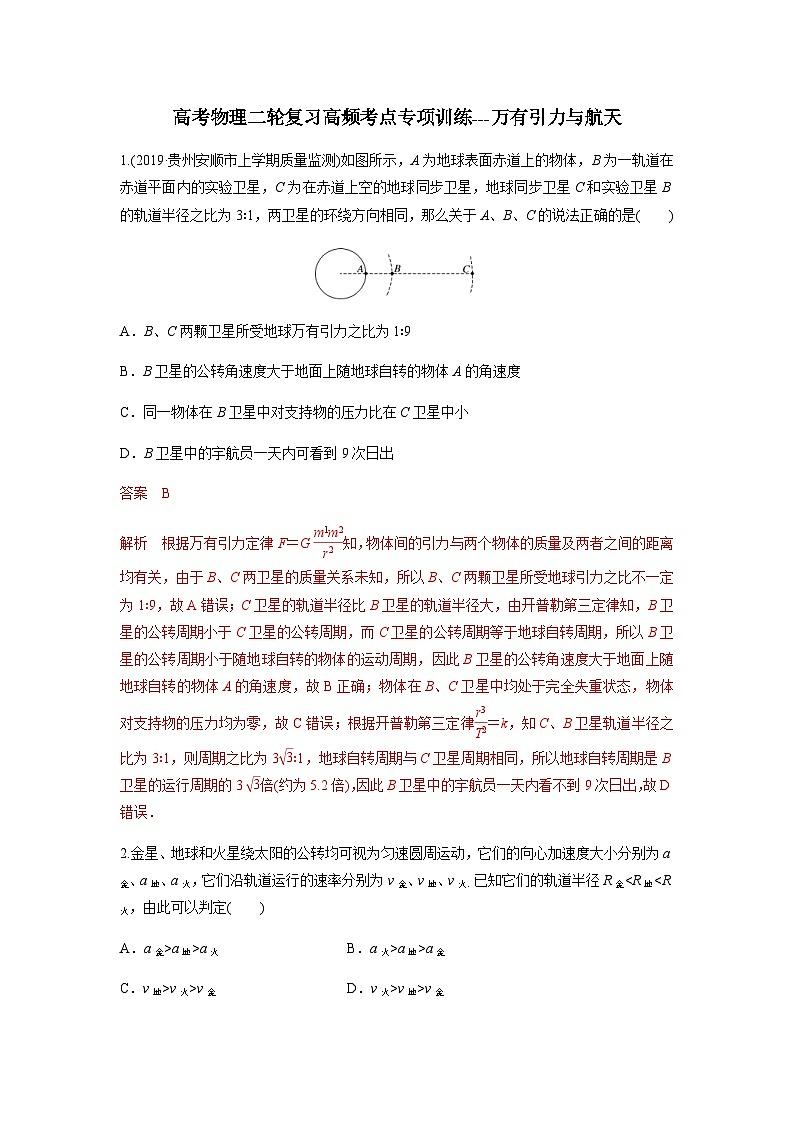 高考物理二轮复习高频考点专项训练---万有引力与航天（含解析）第1页