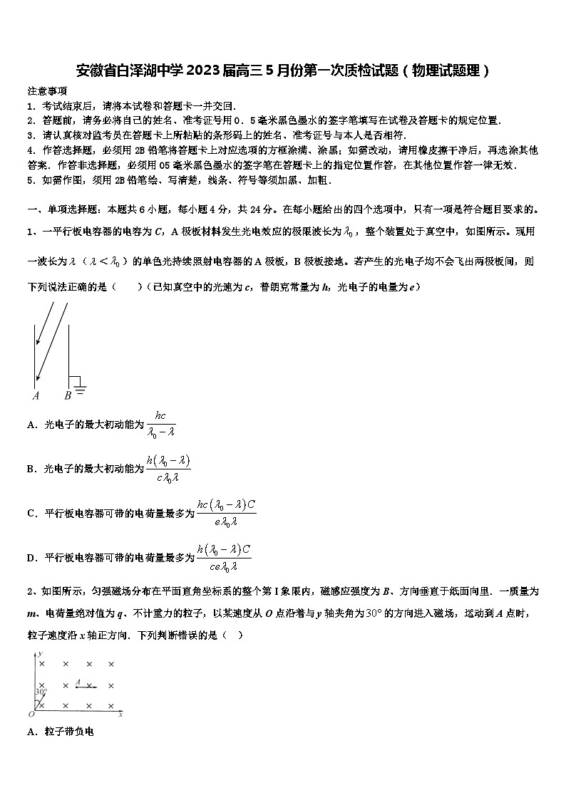 安徽省白泽湖中学2023届高三5月份第一次质检试题（物理试题理）第1页