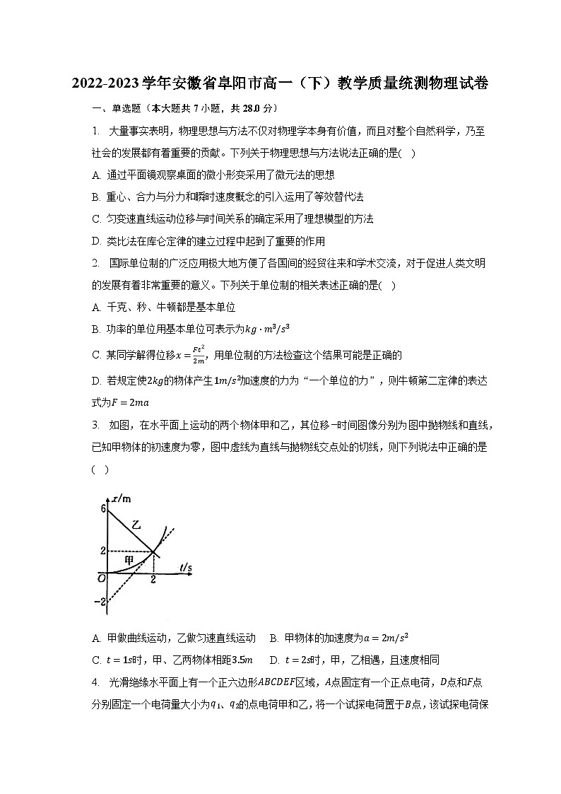 2022-2023学年安徽省阜阳市高一（下）教学质量统测物理试卷（含解析）第1页
