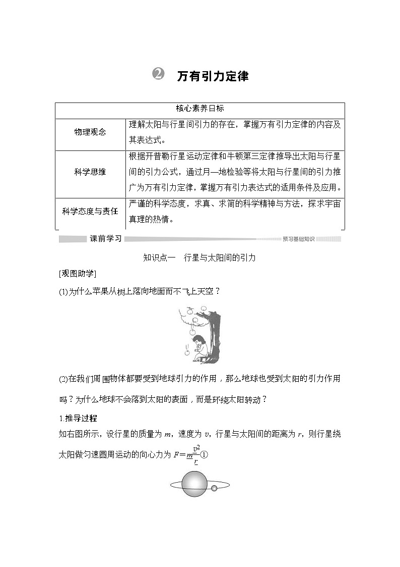 人教版物理必修第二册同步讲练第7章 万有引力与宇宙航行 2　万有引力定律 (含解析)第1页