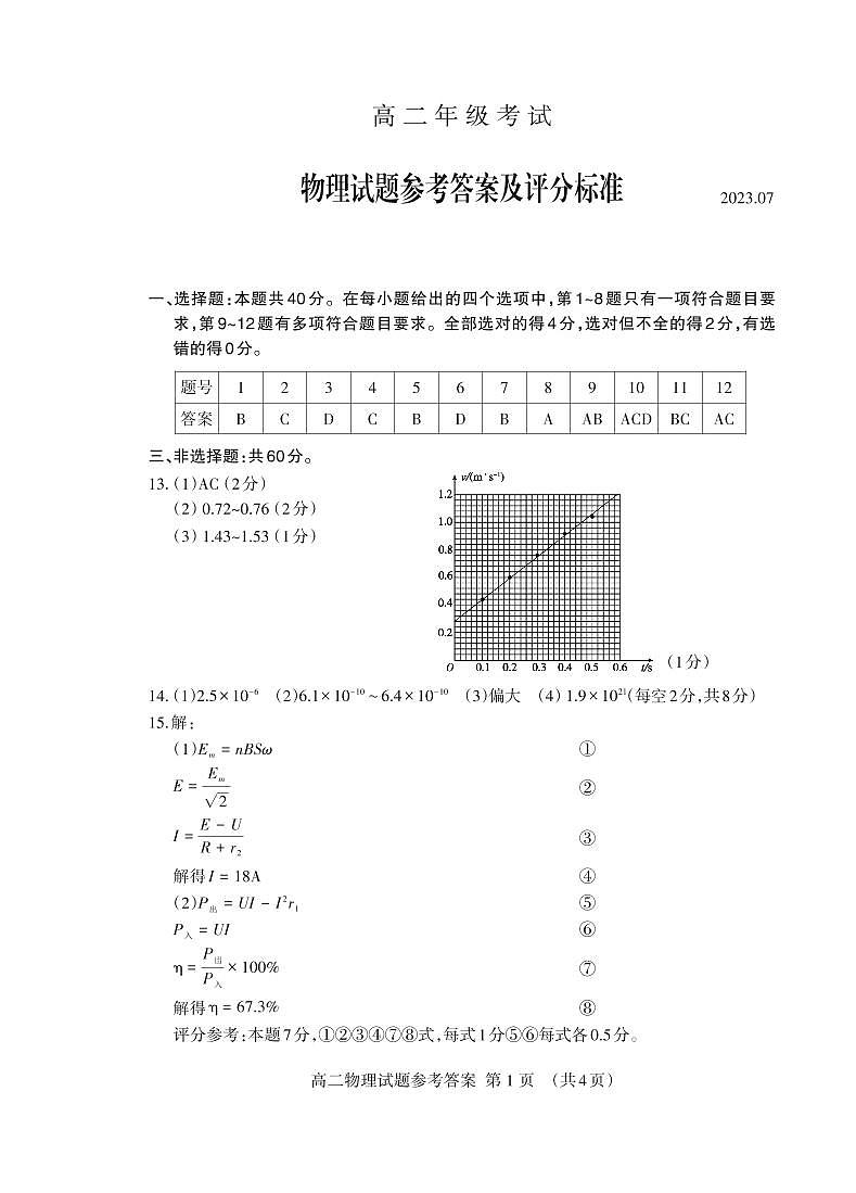 山东省泰安市2022-2023学年高二下学期期末物理答案第1页
