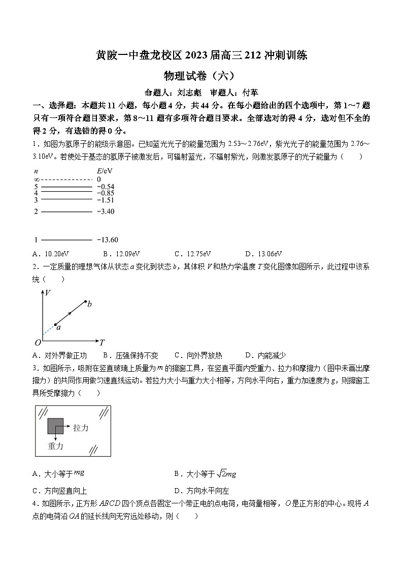 2023届湖北省武汉市黄陂区第一中学盘龙校区高三下学期6月考前冲刺物理试题(无答案)01